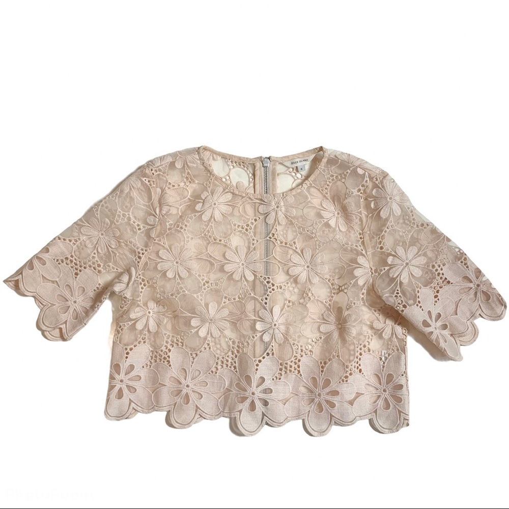 River Island nude floral appliqué crop shirt